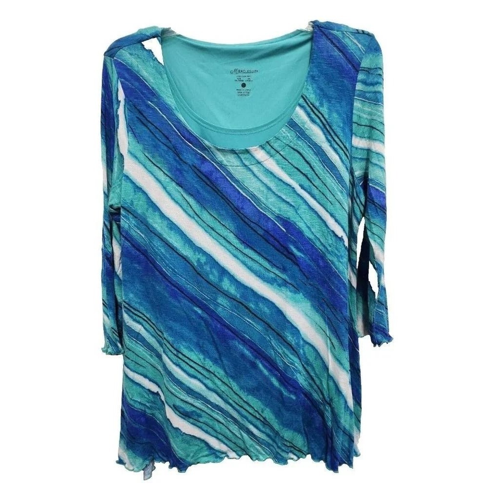Miraclesuit Shapewear Top Womens Large Blue Abstract Print 3/4 Sleeve Scoop Neck